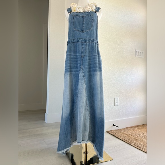 Easel Southern Swag Bohemian Denim Jean Overalls Handkerchief Dress Womens L - Picture 3 of 12